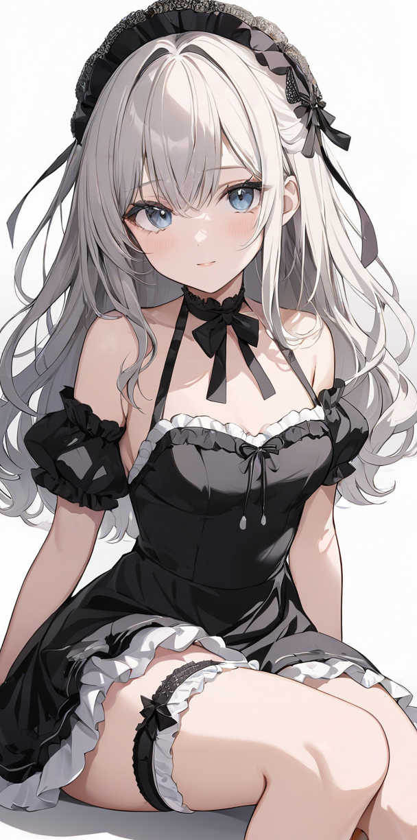 masterpiece,ultra-detailed,best quality,8K,illustration,cute face,clean skin ,shiny hair,girl,ultra-detailed-eyes,simple background, <lora:add-detail-xl:1>  <lora:garter ring_XL_V1.0:0.7> garter ring, thighs,dress,sitting