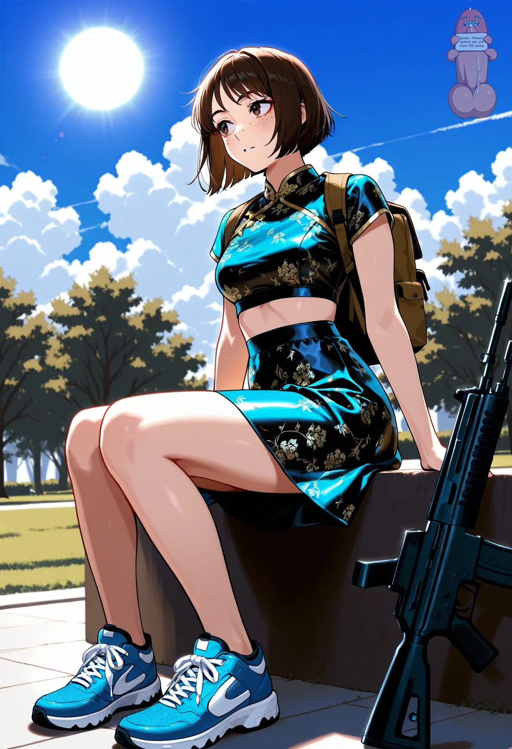 1girl, lean body, freckles, dark brown hair, dark brown eyes, short hair,
gun, weapon, sitting, bag, backpack, sneakers, blue footwear, holding gun, holding, assault rifle, rifle, holding weapon,
park, sun, clouds,
chinese clothes, necktop, skirt, midriff, satin clothes, <lora:Chinese_necktop_and_skirt:1>
masterpiece,best quality,amazing quality, <lora:gogalkingIL-style:0.8>
for watermark solo, dick, cum dick, blue eyes, sharp teeth, dick with hands, dick with legs, wawing,
white background, holding a sign,