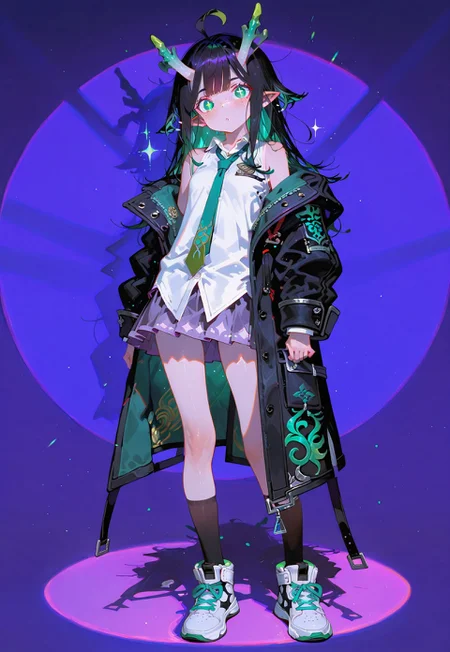 looking at viewer,full body shot,standing

1 girl,petite,loose unruly messy hair,messy bangs,black hair,green accents hair,fair skin,dragon horns,green eyes,(sparkling eyes:1.1),freckles,ahoge,pointy ear

Large Black coat with green accent,coat hanging sleeves,white sleeveless buttoned shirt tucked in,green tie, exposed shoulder,dark purple skirt,black stocking,white sneakers

Color background, bright purple background,(shadow:1.2), light from front,glimmer, [scales design], sparkling,(analgylph:1.5),(spotlight:1.2),(purple hue:0.8),(colors green glowing:1.3)

Cunnystyle,748cmstyle,Smooth_Quality,masterpiece,best quality,amazing quality, aesthetic,(vibrant colors:1.7),(bold lines:1.3),(saturated:1.6)