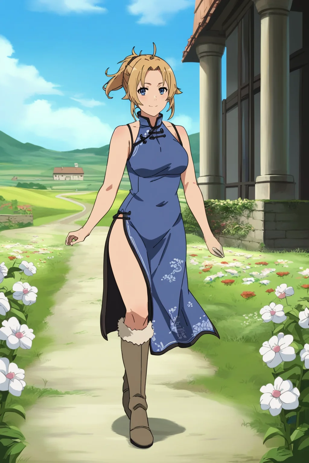 ,,,masterpiece,best quality,highres,4k,8k,intricate detail,cinematic lighting,perfect_eyes,High face detail,rating_explicit,high resolution,detailed eyes,
(score_7_up), source_anime,anime coloring,anime,(anime screencap),,zPDXL,
,,detailed background,, day, outdoors, flower field, (village), Medieval architecture, medieval.
, looking at viewer, full body, light smile, walking, dancing, wind,
, alternate costume, , (white knee boots:1.15), (china dress:1.2), blue dress, sleeveless, bare arms, miniskirt, knee boots, snow boots, fur trim boots, layered dress, highleg dress,
,,zenith greyrat,mushoku tensei, short hair, blonde hair, blue eyes, ahoge, parted bangs, short ponytail,mature female,
, <lora:Zenith_Greyrat_PonyXL_v1:0.75>