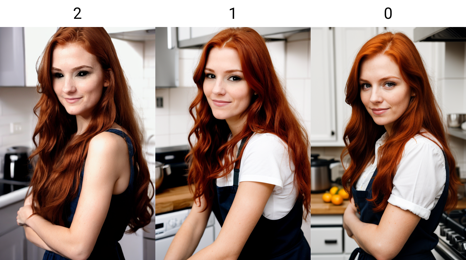 portrait photo of a 30 y.o woman, long hair, redhead, smiing to the camera in a kitchen <lora:BlackScleraSlider_v1:2>