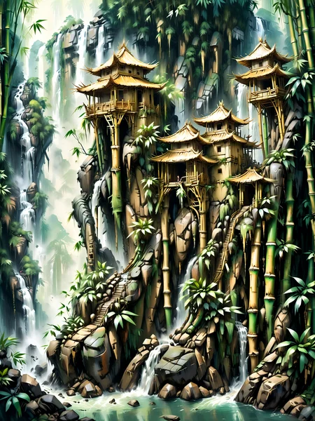 fortress made of Jed-Bmbrts on a cliff next to a huge water fall in the jungle, og, haze, lightray, <lora:BambooRootsStyle:1> <lora:xl_more_art-full_v1:1> <lora:Retro_Illustration:0.6> 2d game scene, oil and watercolor painting, (masterpiece:1.2), best quality
