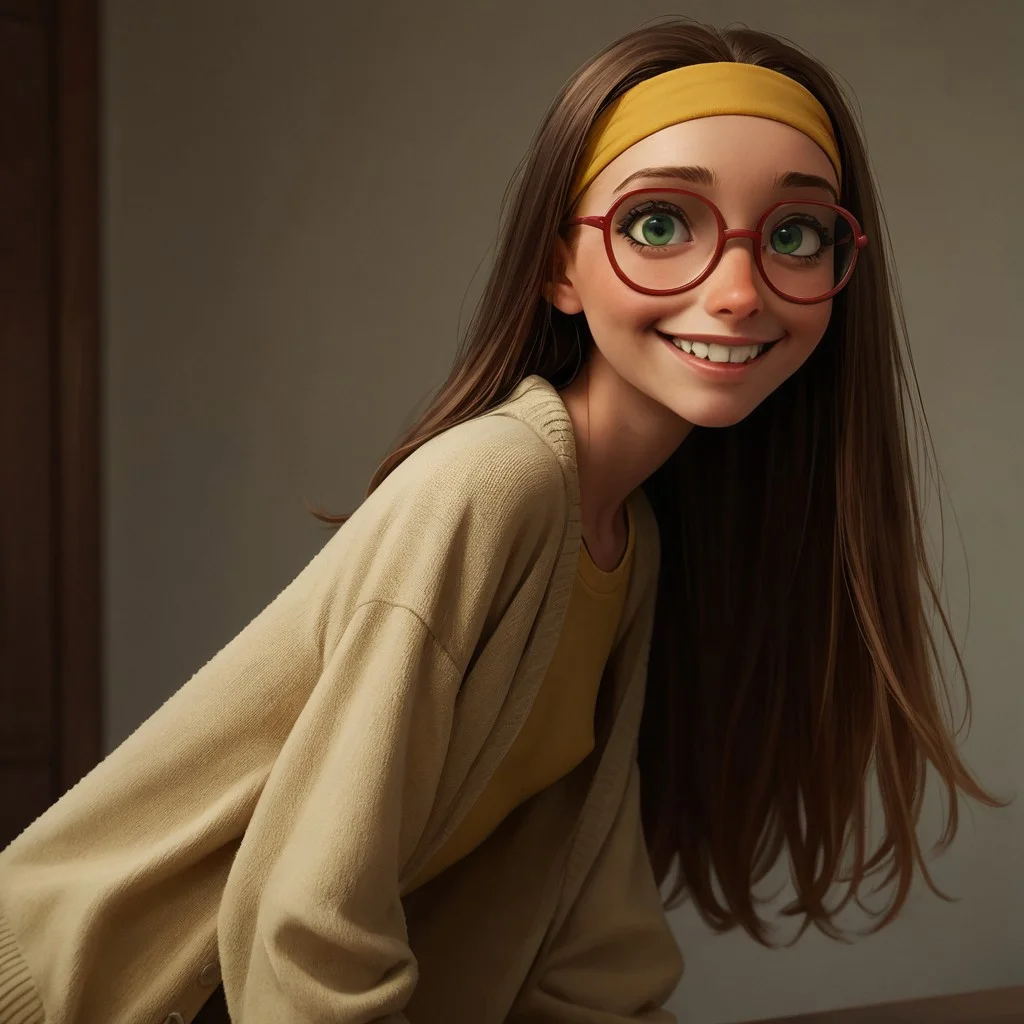 score_9, score_8_up, score_7_up, score_6_up, score_5_up, score_4_up, rating_questionable, 1girl, Hon_Lem, Glasses, smiling, skinny, tall, small saggy breasts, bending over, looking back at viewer, yellow headband, green eyes