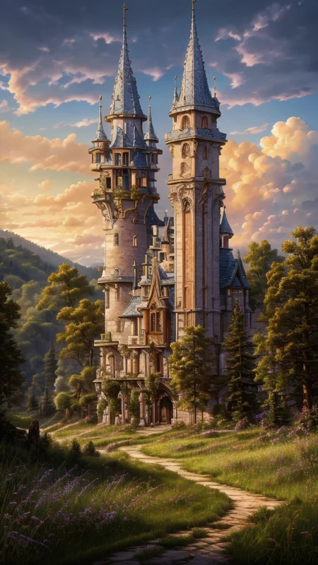 Masterwork Painting, Magnum Opus,
<lora:Wizard_Tower:0.75> witow, castle, cloud, cloudy sky, grass, no humans, scenery, sky, tower, tree, <lora:Fantasy_Mountains:0.75> fanmou, footprints, forest, grass, nature, no humans, outdoors, sky, tree,
highres, 8k, uhd, High Dynamic Range, tonemapping, crisp details, intricate details, fine details
