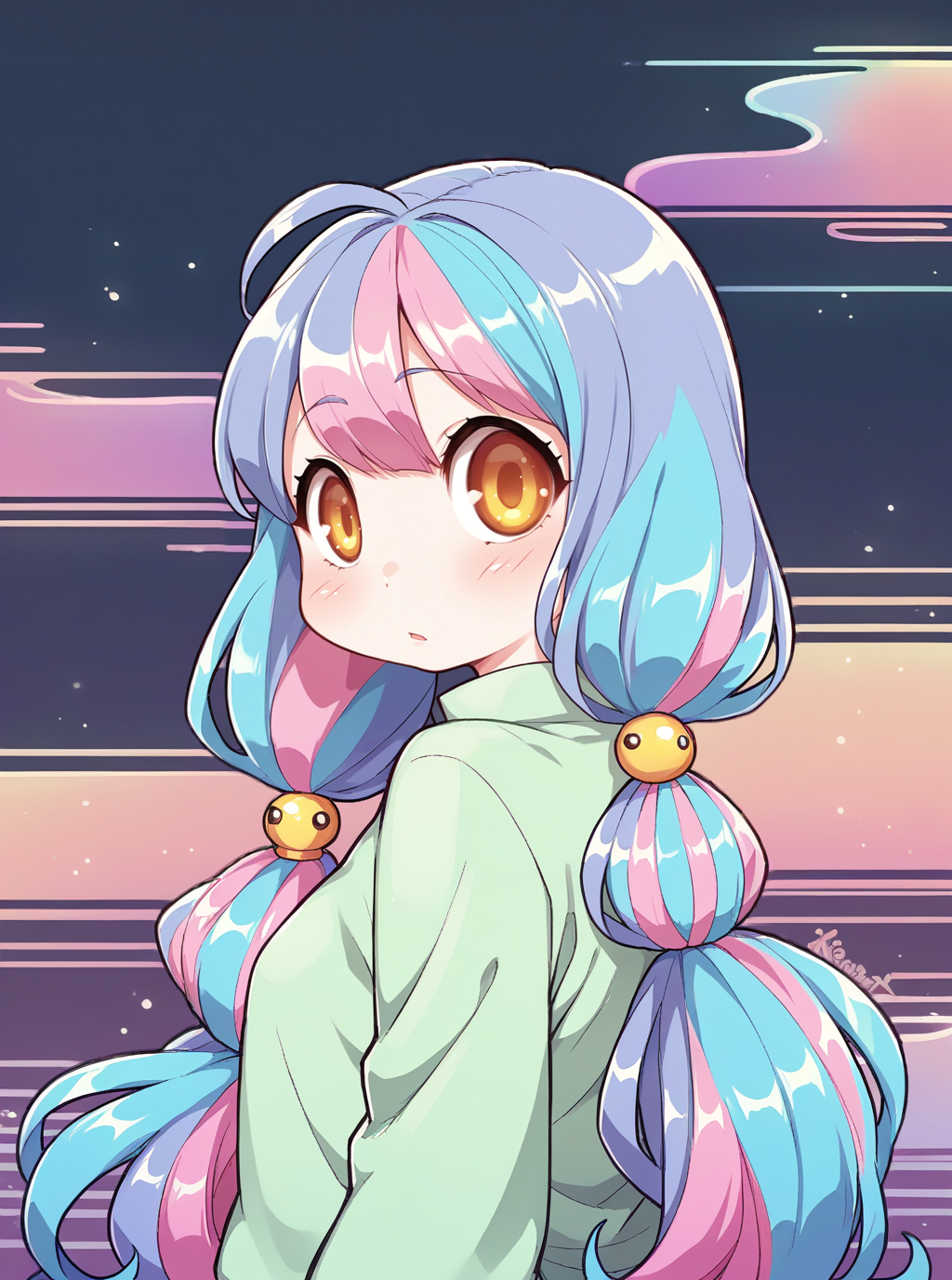 score_9, score_8_up, score_7_up, source_anime, solo, 1girl, , , , , glowwave, multicolored hair, low twintails, long hair, kionant, <lora:kionant_PDXL-000002:1>