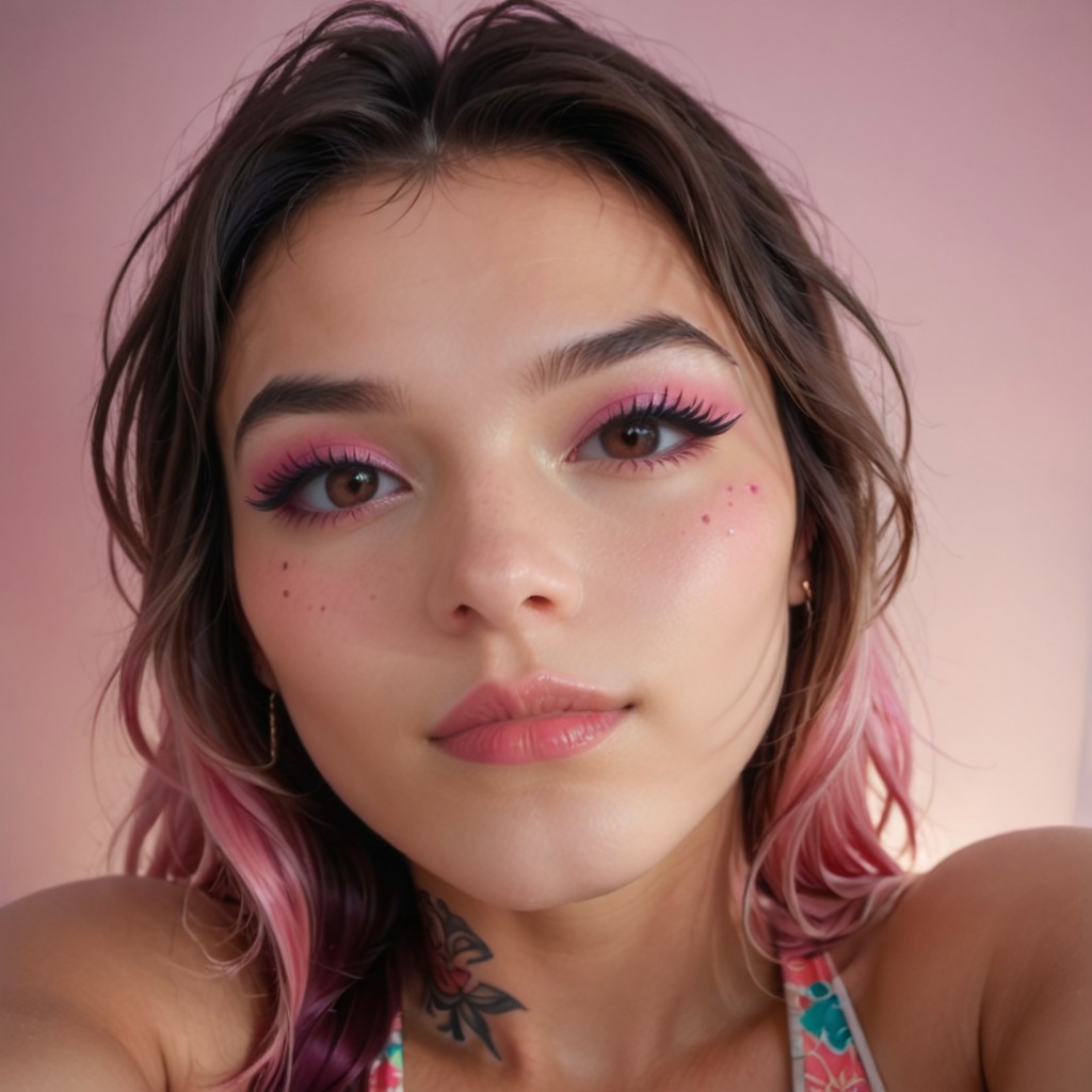 (aerial perspective), The image features a person with intricate asian face tattoos, wearing a brightly colored, patterned outfit, and accessorized with vibrant, multi-colored jewelry. The overall color scheme is dominated by shades of pink and blue, giving it a striking and artistic appearance,
