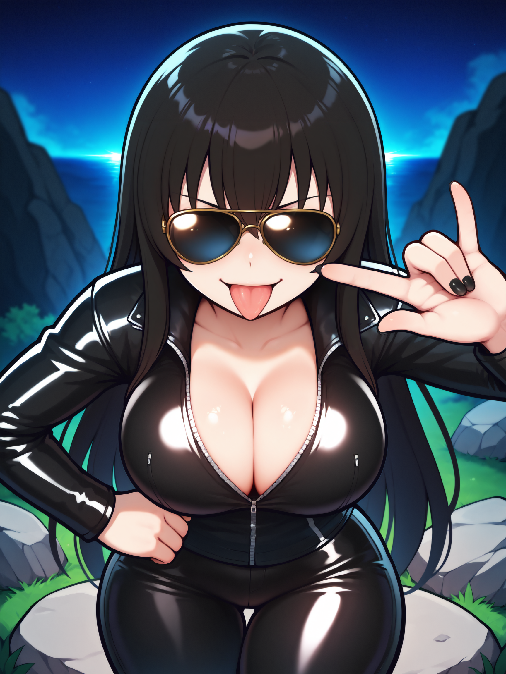 masterpiece, best quality, amazing quality, by asukaln
(solo:1.4), Kagura_IL, black hair, long hair, large breasts, biker jacket, leather pants, aviator glasses, opaque sunglasses
(closeup:1.4), face closeup, black nails, rock sign, rock gesture, tongue out, night, outdoors
<lora:Mystyle_SDXL_LoCon_DORA_v2:1>
<lora:SK_Kagura_IL:0.6>
