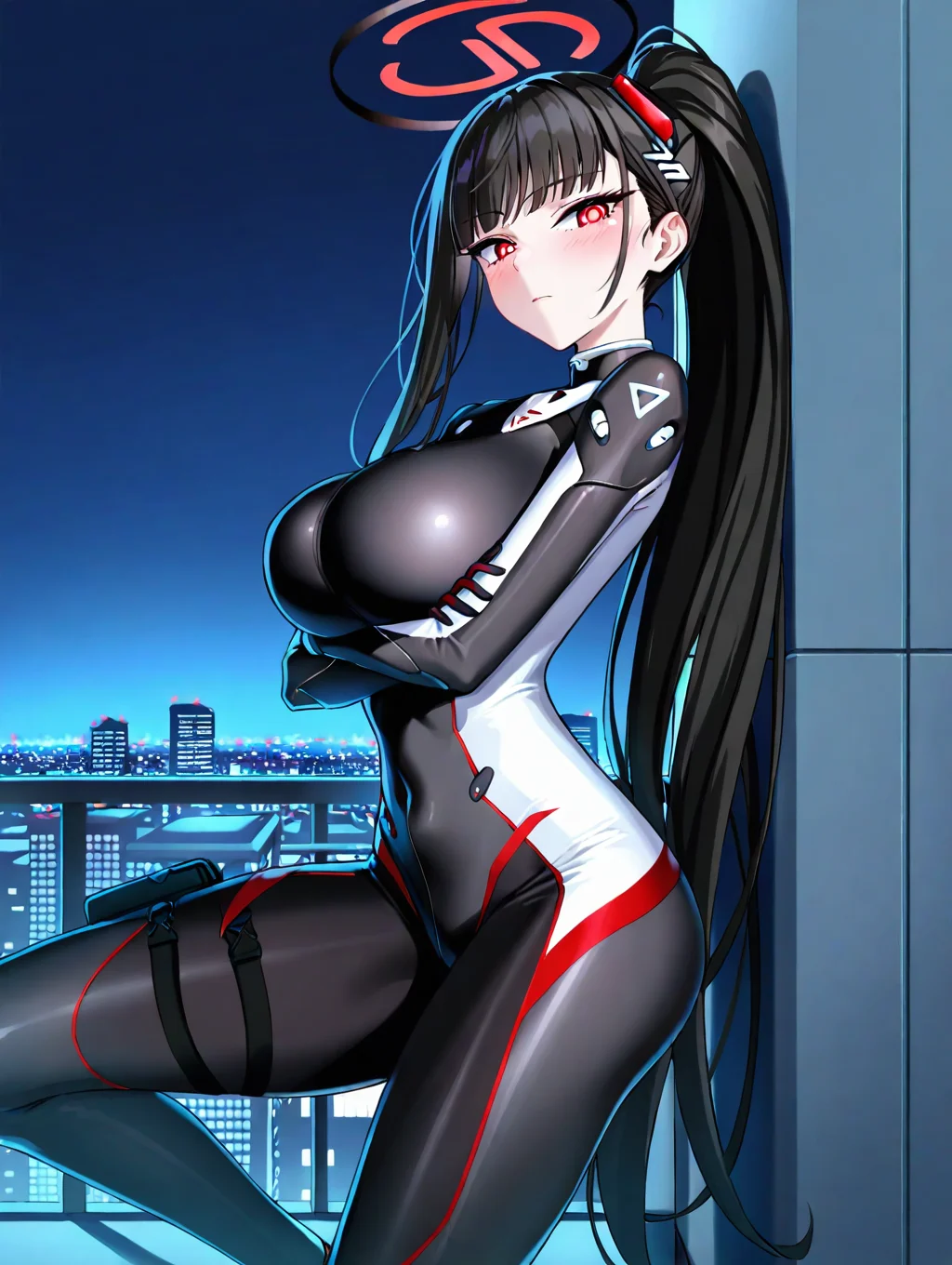 (masterpiece,best quality,ultra_detailed,highres,absurdres:1.2,amazing quality,very aesthetic),<lora:rio-bodysuit_ilxl_v1-000010:0.8>,1girl,breasts,red halo,solo,large breasts,bodysuit,black hair,long hair,ponytail,very long hair,alternate costume,red eyes,bright pupils,looking at viewer,white pupils,black bodysuit,high ponytail,hair ornament,skin tight,blush,thigh holster,covered navel,rio \(bodysuit\) \(blue archive\),night,cityscape,on roof,against wall,from side,crossed arms,expressionless,looking up,wind,shadow,