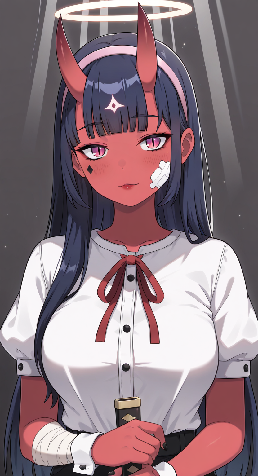 masterpiece, cute, lovely, newest, absurdres, (best quality:1.3), amazing quality, very aesthetic, 1girl, solo, high_resolution, hq, 4k, BREAK. high gradient eyes, very cute, light particles, cute details, cute colors, mature woman, (Kamuo_Style), red skin, oni, oni horns, dark blue hair, straight hair, blunt bangs, pink eyes, slit pupils, (medium breasts:1.2), sagging_breasts, BREAK, bandaid on face, bandaid, bandaid on cheek, forehead mark, parted lips, wrist cuffs, neck ribbon, short sleeves, fingernails, shirt, hairband, puffy short sleeves, puffy sleeves, shorts, t-shirt, bandages, sheath, sword, solo, holding, simple background, grey background, upper body, halo, facial mark, nail polish, closed mouth, red ribbon, black nails, bandaged arm, holding weapon, light frown, light rays, pink hairband, red lips, scabbard, weapon, white shirt, masterpiece, best quality, very aesthetic, intricate details, vivid colors, smooth shading, dynamic lighting, professional illustration, soft gradients, balanced composition, elegant pose, high-resolution, sharp focus, 8k, hdr, crisp lines, perfect lighting, sharp eyes, detailed eyes, highly detailed, naughty face