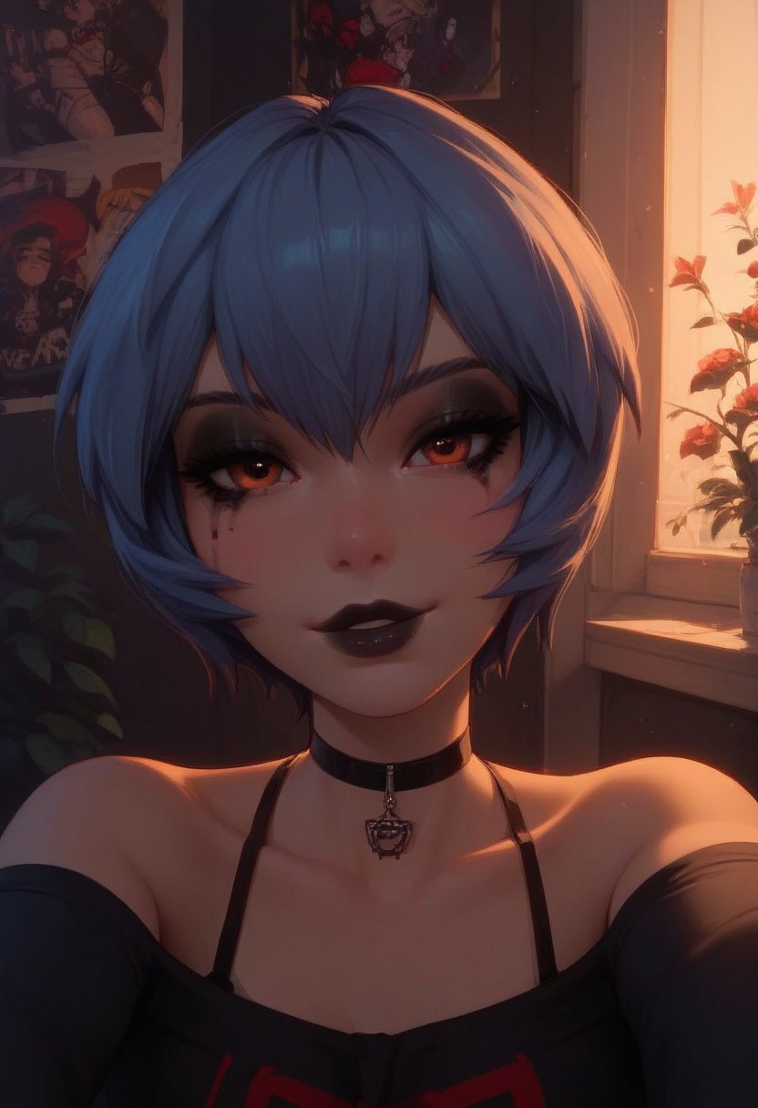 Expressiveh, score_9, score_8_up, score_7_up, score_6_up, score_5_up, score_4_up, godrays, 1girl, rei ayanami, gothic girl, emo makeup, goth, bedroom, closeup, face focus, posters, black lips, park, selfie, smile, looking at viewer, sexy,