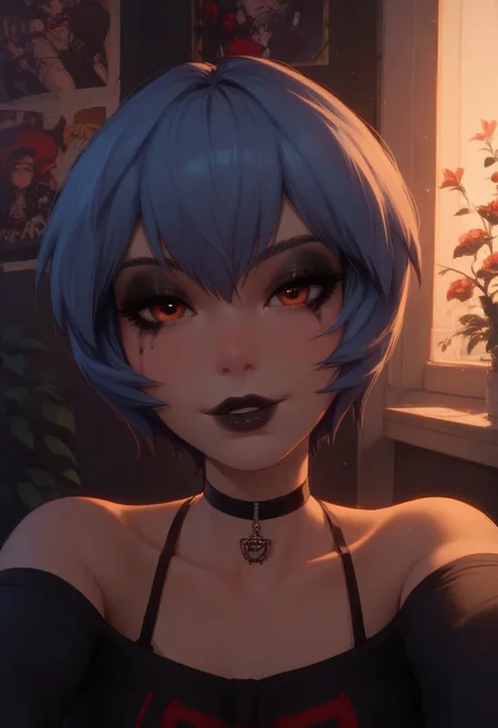 Expressiveh, score_9, score_8_up, score_7_up, score_6_up, score_5_up, score_4_up, godrays, 1girl, rei ayanami, gothic girl, emo makeup, goth, bedroom, closeup, face focus, posters, black lips, park, selfie, smile, looking at viewer, sexy,