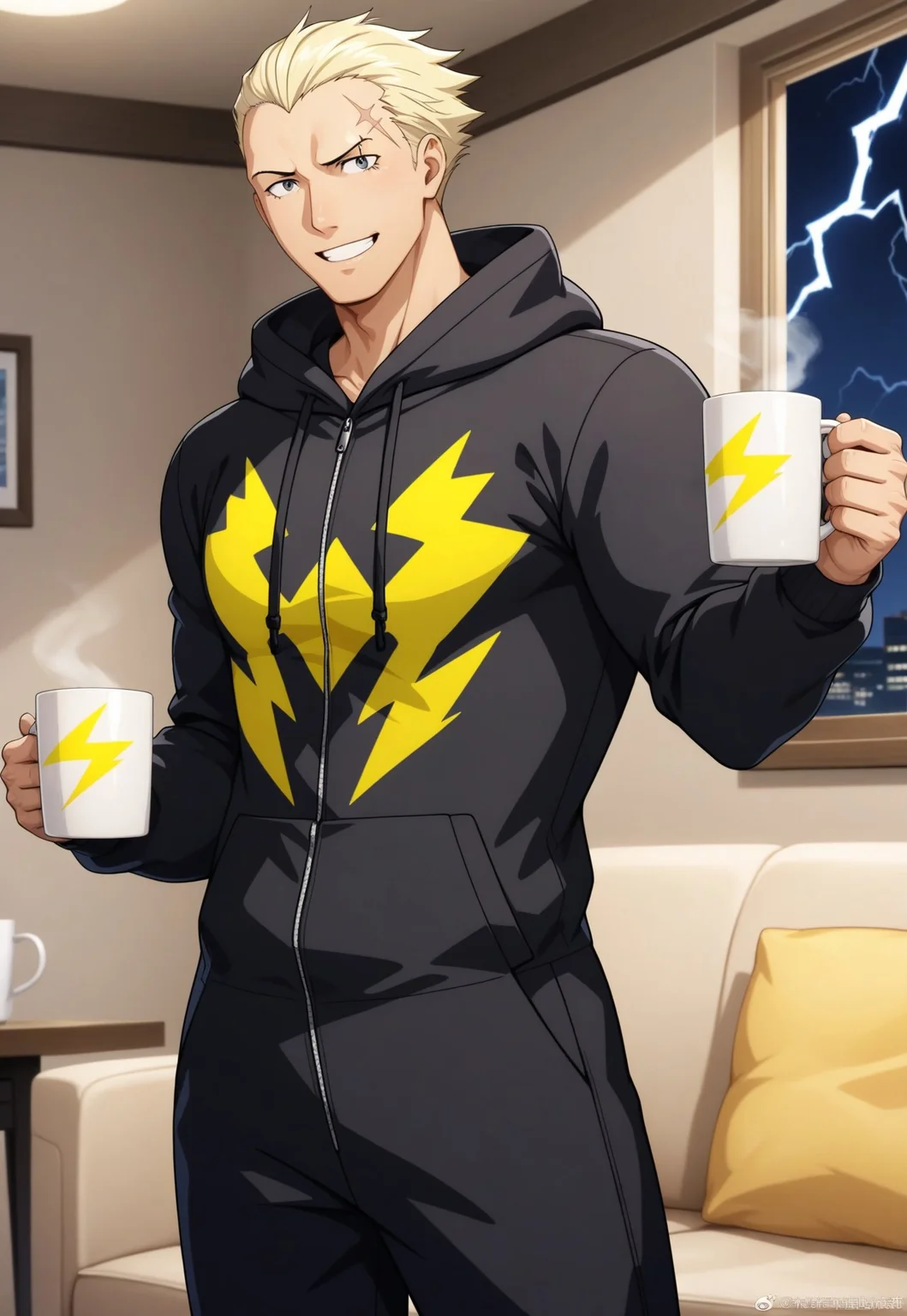 masterpiece, best quality, newest, absurdres,anime,1boy, bara, solo, male focus, tatsumi kanji,bleached hair,blonde hair,grey eyes,scar above left eye, black onesie (thunder print),graphic onesie, thunderbolt pattern, happy smile, gentle smile, standing over viewer, standing next to couch, cute vibes, wholesome vibes, night,warm vibes,
handing viewer a cup of coffee, mug with lightning design, the mug has a yellow thunderbolt pictogram printed on the front with text reading "BUZZ"