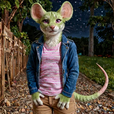 solo, 1girl, eve ill, female, realistic anthro furry human mix, furry, mouse, 3 whiskers, 4 fingers, multicolored ears, pink eyes, green fur, tail, 8k photograph, raw photograph, hyperrealism, extremely detailed, ultra high resolution, wrinkles, jowls, shirt, striped shirt, pants, blue jacket, outdoors, night