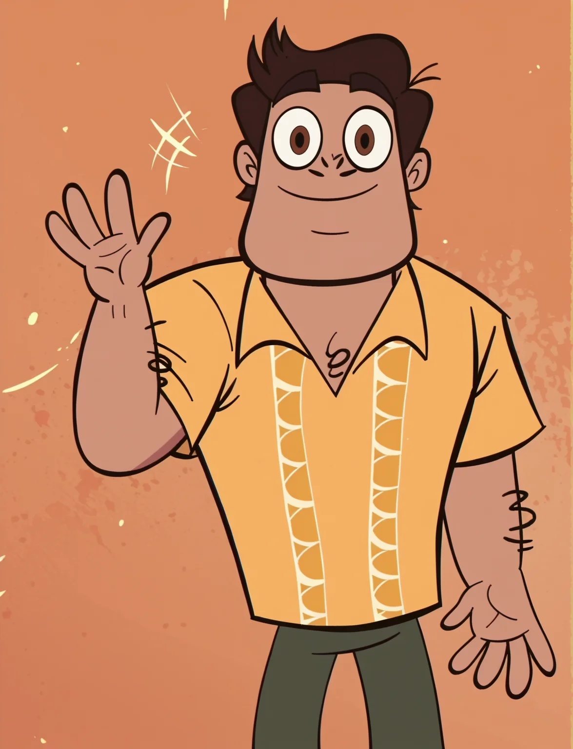score_9, score_8_up, score_7_up, score_6_up, score_5_up, 1boy, <lora:SVTFOE_Diaz_Family:1> rafael diaz, yellow shirt, pants, svtfoe style, closed mouth, waving, looking at viewer, brown eyes,
<lora:Khyleri_EXL:0.65> orange background,