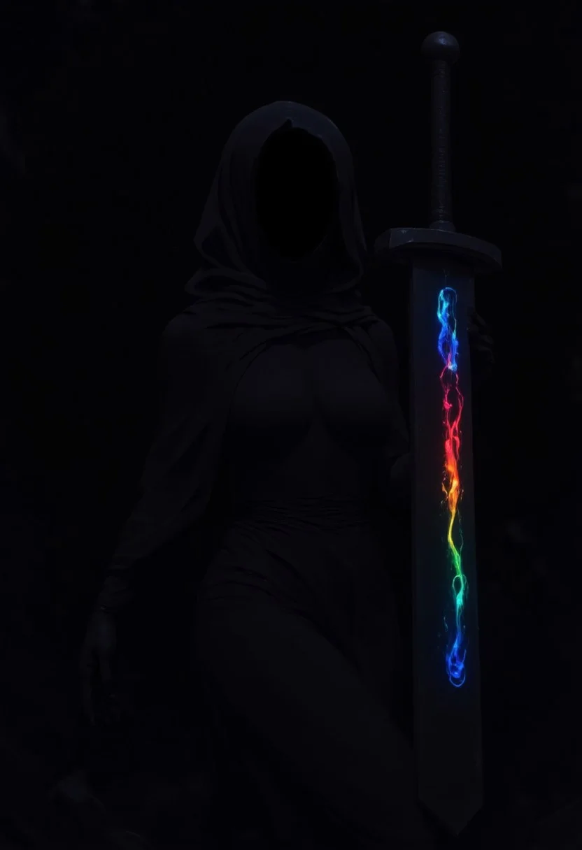 An anime-style close-up of a seductive female embodiment of Death, draped in a long, flowing black robe that clings to her curvaceous figure, accentuating her alluring silhouette. The fabric cascades like liquid shadow, merging with the surrounding darkness. She wields an impossibly huge sword, its blade glowing with neon luminescence, casting vibrant reflections that dance across her form and faintly illuminate the void. Her face is a pitch-black void, but a wicked, playful grin is revealed by the swords glow—sharp, seductive, and hauntingly vivid. The atmosphere is both ominous and irresistibly captivating. High detail, cinematic composition, dramatic lighting.