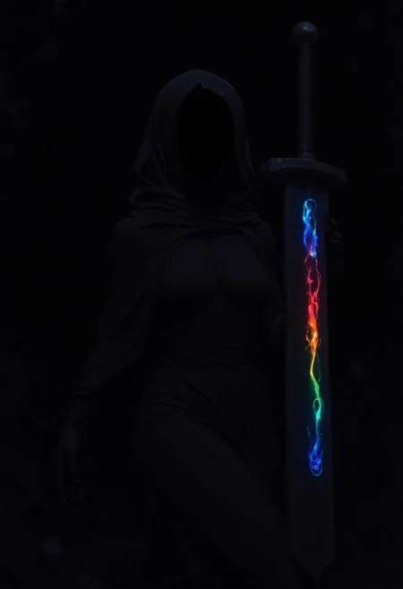 An anime-style close-up of a seductive female embodiment of Death, draped in a long, flowing black robe that clings to her curvaceous figure, accentuating her alluring silhouette. The fabric cascades like liquid shadow, merging with the surrounding darkness. She wields an impossibly huge sword, its blade glowing with neon luminescence, casting vibrant reflections that dance across her form and faintly illuminate the void. Her face is a pitch-black void, but a wicked, playful grin is revealed by the swords glow—sharp, seductive, and hauntingly vivid. The atmosphere is both ominous and irresistibly captivating. High detail, cinematic composition, dramatic lighting.