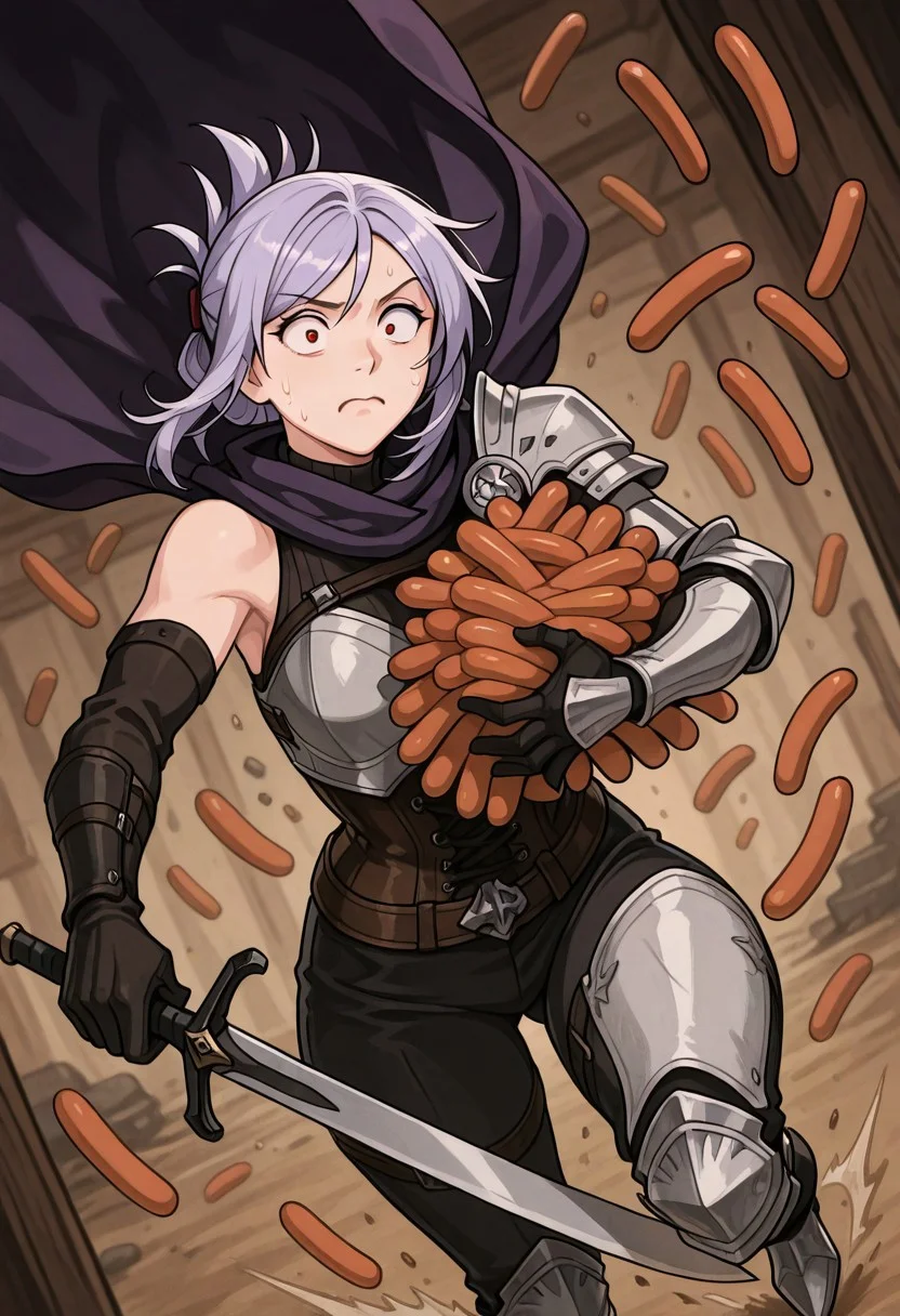 best quality, masterpiece, sfw,
n0m0, hot dogs, falling, surprised,
close-up shot, view from aside,
solo, holding sword, dynamic fighting pose,
1girl, 
sabia, human, purple hair, red eyes, folded ponytail,
armor, single shoulder armor, cape, single bare shoulder, clothed,
large breasts,  
looking at viewer, closed mouth,