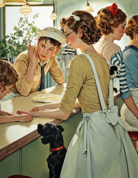 Art by Norman Rockwell. A vintage children's illustration from the 1950s about a diner scene with four women and a small black dog. the scene is set in a brightly lit diner with a window showing greenery outside. on the left side of the image, a woman with short brown hair and glasses is leaning over a counter, wearing a sailor-style white dress and a sailor hat. she appears to be interacting with a boy who is sitting at the counter, looking at her with a curious expression. the boy is wearing a beige shirt and a blue tie, and his face is partially obscured by the woman's dress. the woman standing next to him is also wearing a yellow sweater and a white apron, and she is bending over the counter with her hands on the counter. in the background, two women with long brown hair, one with a blue and white striped shirt and the other with a red bow in her hair, are standing near the counter and looking at the boy with a surprised expression. another woman with a black dog is sitting on a stool, looking up at the woman sitting on the stool.
