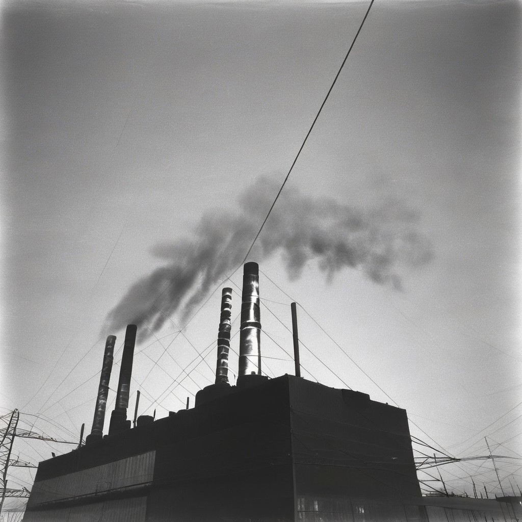 industrial landscape, black and white photograph of a factory, thick white steam coming from several pipes, power line supports, black and white photograph of a factory, industrial park landscape broken windows, forbidden, industrial