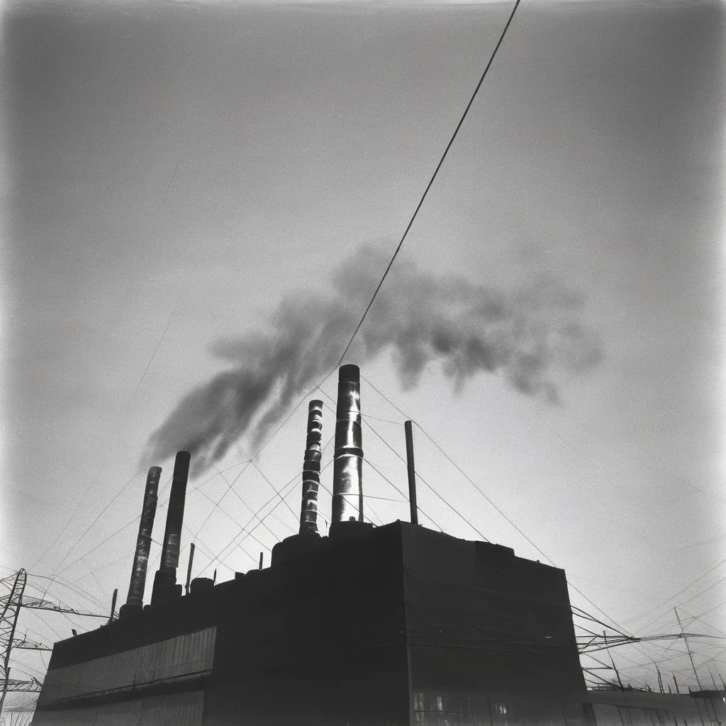 industrial landscape, black and white photograph of a factory, thick white steam coming from several pipes, power line supports, black and white photograph of a factory, industrial park landscape broken windows, forbidden, industrial