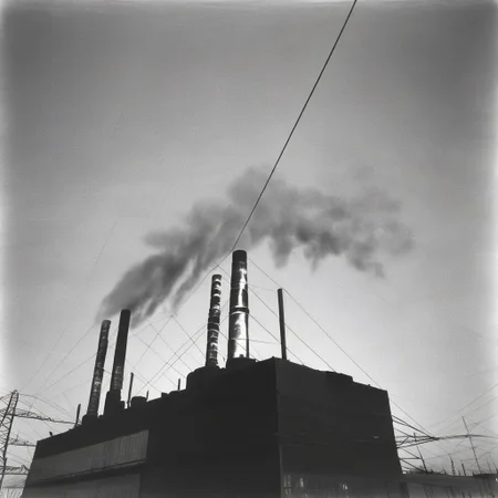 industrial landscape, black and white photograph of a factory, thick white steam coming from several pipes, power line supports, black and white photograph of a factory, industrial park landscape broken windows, forbidden, industrial