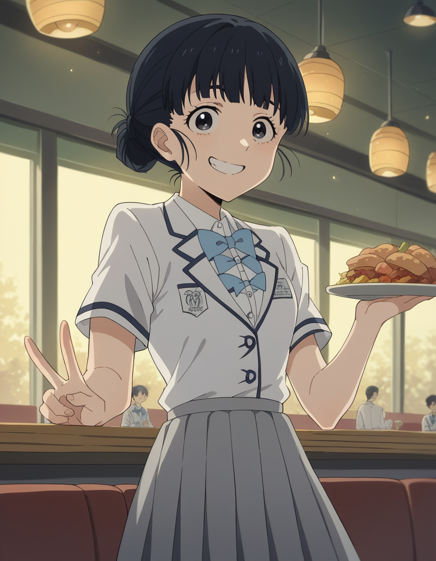 score_9, score_8_up, score_7_up, source_anime, <lora:tiara-basori-s1-ponyxl-lora-nochekaiser:1>, tiara basori, bangs, black hair, hair bun, black eyes, single hair bun,, skirt, shirt, bow, school uniform, white shirt, short sleeves, grey skirt, pleated skirt, bowtie, blue bowtie, blue bow, blazer,, restaurant, laughter, good food, warm lighting, celebration, smile, , v,, solo,, cowboy shot, dutch angle