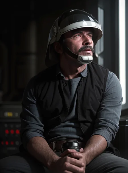 1man,black haired man with a moustache sitting in rebel trooper uniform <lora:rebeltrooperv01:1>, helmet on,photorealistic, photo, masterpiece, realistic, realism, photorealism, high contrast, photorealistic digital art trending on Artstation 8k HD high definition detailed realistic, detailed, skin texture, hyper detailed, realistic skin texture, armature, best quality, ultra high res, (photorealistic:1.4),, high resolution, detailed, raw photo, sharp re, by lee jeffries nikon d850 film stock photograph 4 kodak portra 400 camera f1.6 lens rich colors hyper realistic lifelike texture dramatic lighting unrealengine trending on artstation cinestill 800,