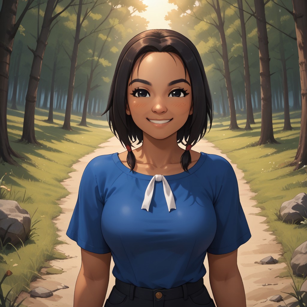 score_9, score_8, BREAK, solo, 1girl, black hair, black eyes, black eyebrows, blush, dark skin, dark skin female, dark blue clothing, black pants, shoes, breasts, Yunyun_(Wii_Sports), cute, tall, thin, skinny, adult female, mature female, sexy pose, self portrait, smile, outdoors, sunlight, shadows, evening lighting, natural lighting, forest, trees, grass, orange sky, sunset