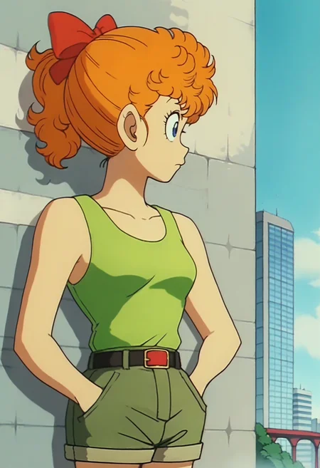 score_9, score_8_up, score_7_up, score_6_up, anime screencap, anime coloring, <lora:DBExtraGirlAkaneK:0.8>, DBExtraGirlAkaneK, orange hair, curly hair, short hair, hair bow, red bow, ponytail, blue eyes,
tank top, green shorts, belt,
leaning on wall, hands in pockets,
BREAK cityscape, sunlight, day, blue sky,