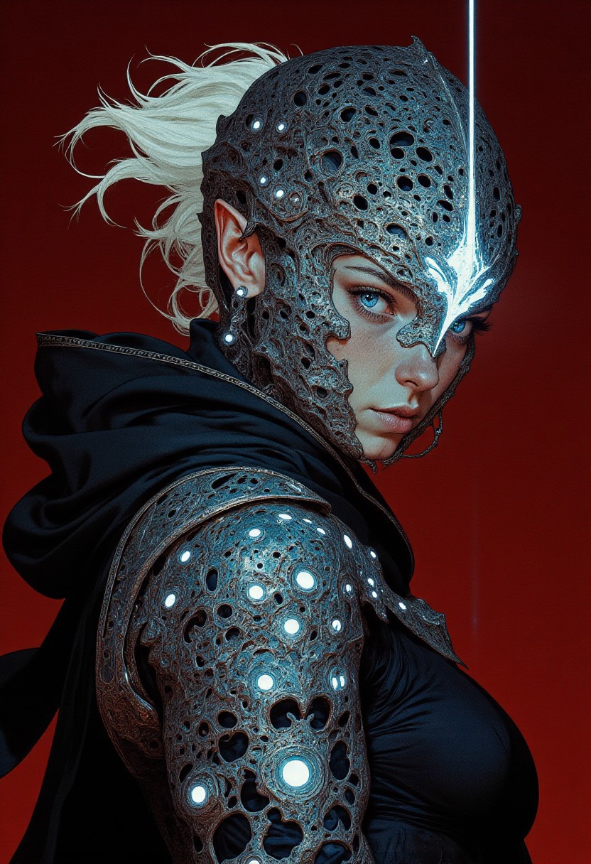 A highly detailed digital artwork featuring a **side-angle upper body shot** of a female model with a **flawlessly sculpted face** at a **Milan fashion show**, her high cheekbones and sharp jawline accentuated by the interplay of light and shadow. Her **piercing icy-blue eyes**, framed by long, dramatic lashes, radiate confidence beneath a **partially transparent, smoky-black mesh hood** that drapes elegantly over her sleek, pulled-back platinum blonde hair. She is adorned in an **obsidian-black chainmail ensemble**, its **high-gloss metallic finish** sculpted into bold, jagged geometric patterns, creating a striking fusion of medieval craftsmanship and futuristic design. Her **onyx-hued shark-tooth wire teeth** add an avant-garde, rebellious edge, subtly catching the glow of ambient lighting. The **deep crimson background, rich and velvety**, enhances the model’s dark, reflective attire, intensifying the drama of the composition. A single, piercing white spotlight from above creates a cinematic chiaroscuro effect, casting stark shadows and luminous highlights across her armor-like attire. Captured with a **Leica S3 medium format camera and a 90mm f/2.5 lens**, this 8K high-resolution masterpiece meticulously renders **every polished facet and shadow**, immersing the viewer in a world where high fashion meets dystopian elegance.