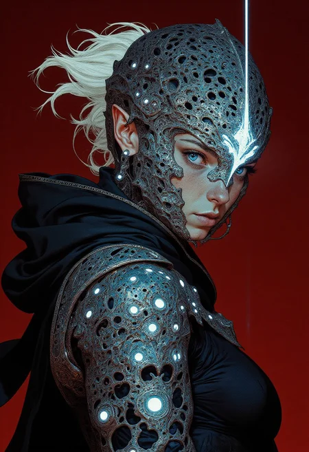 A highly detailed digital artwork featuring a **side-angle upper body shot** of a female model with a **flawlessly sculpted face** at a **Milan fashion show**, her high cheekbones and sharp jawline accentuated by the interplay of light and shadow. Her **piercing icy-blue eyes**, framed by long, dramatic lashes, radiate confidence beneath a **partially transparent, smoky-black mesh hood** that drapes elegantly over her sleek, pulled-back platinum blonde hair. She is adorned in an **obsidian-black chainmail ensemble**, its **high-gloss metallic finish** sculpted into bold, jagged geometric patterns, creating a striking fusion of medieval craftsmanship and futuristic design. Her **onyx-hued shark-tooth wire teeth** add an avant-garde, rebellious edge, subtly catching the glow of ambient lighting. The **deep crimson background, rich and velvety**, enhances the model’s dark, reflective attire, intensifying the drama of the composition. A single, piercing white spotlight from above creates a cinematic chiaroscuro effect, casting stark shadows and luminous highlights across her armor-like attire. Captured with a **Leica S3 medium format camera and a 90mm f/2.5 lens**, this 8K high-resolution masterpiece meticulously renders **every polished facet and shadow**, immersing the viewer in a world where high fashion meets dystopian elegance.