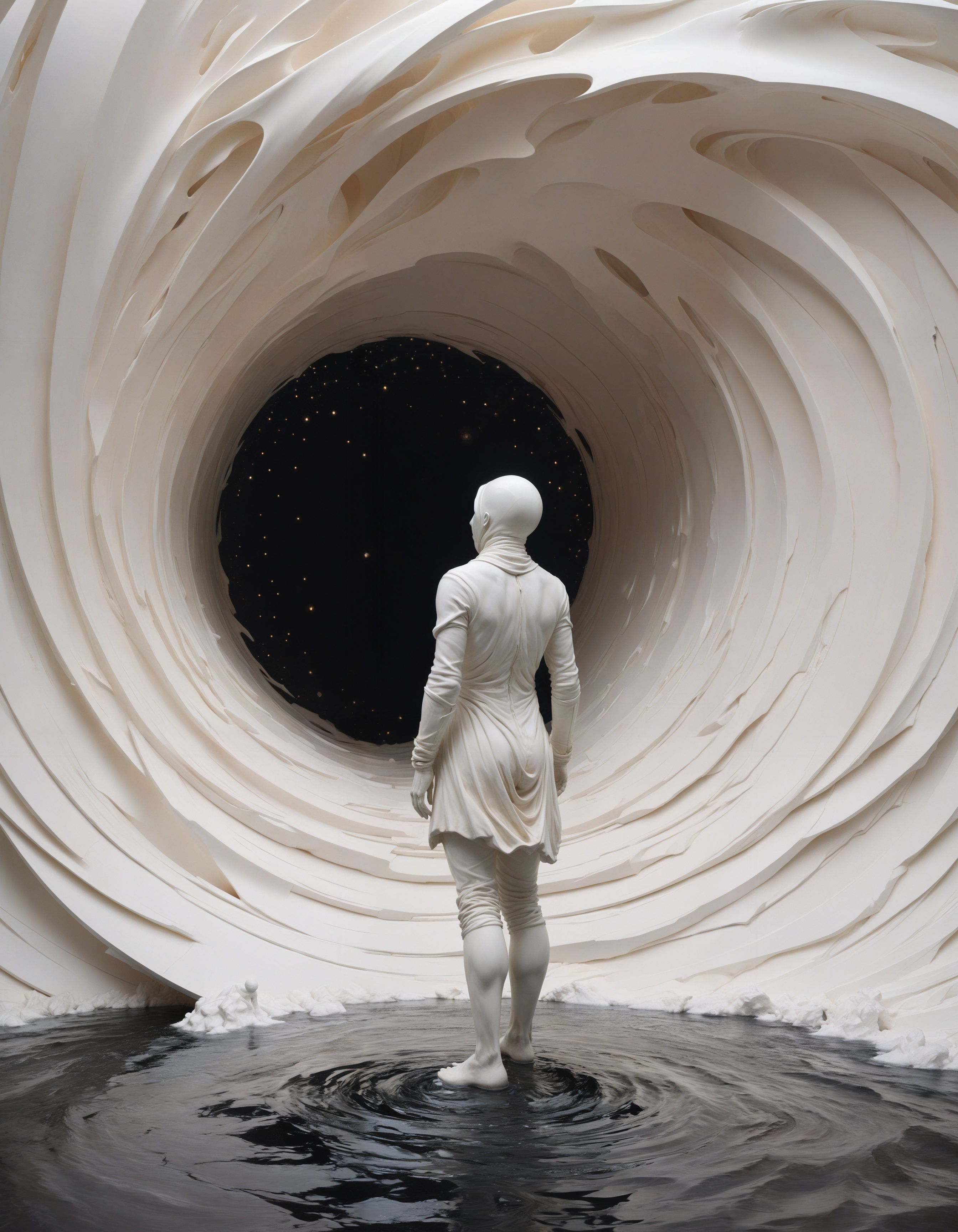 by Nicolas Delort, by Marco Mazzoni, by Antonio J. Manzanedo, a dark silhouetted figure standing in front of a white maelstrom wormhole in an otherworldly surreal dreamscape, white, ivory, breathtaking, eerie, ethereal, in the (style ofSocial Sculpture:1.6), limited dark color palette, unusual colors, highly dramatic volumetric lighting
<lora:xl_more_art-full_v1:0.5>