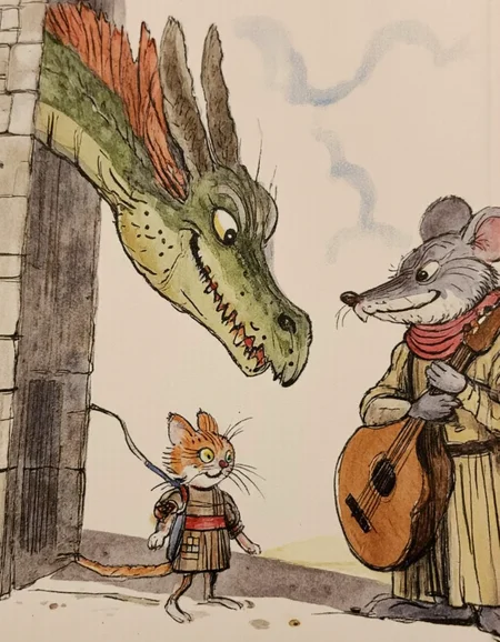 <lora:suteev:1>, <lora:chzcat:0.4>, This image is a detailed digital drawing in a whimsical, cartoon style. The scene depicts a medieval fantasy setting, featuring a large, majestic dragon and two anthropomorphic characters. The dragon is a fierce, red-and-green creature with large, sharp teeth, a long snout, and menacing eyes. It stands tall, with a muscular, scaly body, and is positioned slightly to the left of the image, occupying most of the background., 
In the foreground, to the right, stands a gray mouse dressed in medieval attire, complete with a red scarf and a brown, leather-like tunic. The mouse is holding an acoustic guitar, strumming it with one paw while the other rests on its hip. The mouse has a friendly, confident expression, and its eyes are wide and expressive., 
In the center of the image, a small, orange and white cat dressed in medieval armor stands on two legs, looking up at the dragon with a curious, slightly fearful expression. The cat is wearing a brown, metal breastplate and a red sash around its waist. It has a small, pointed sword at its side., 
The background features a stone archway with a clear blue sky and fluffy clouds above, suggesting an outdoor location. The overall mood is light-hearted and humorous