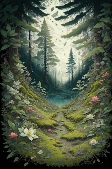 <lora:PE_EpicLand:0.8> PEEpicLand, illustration,
Forrest, moss, leafs on ground, blooming flowers