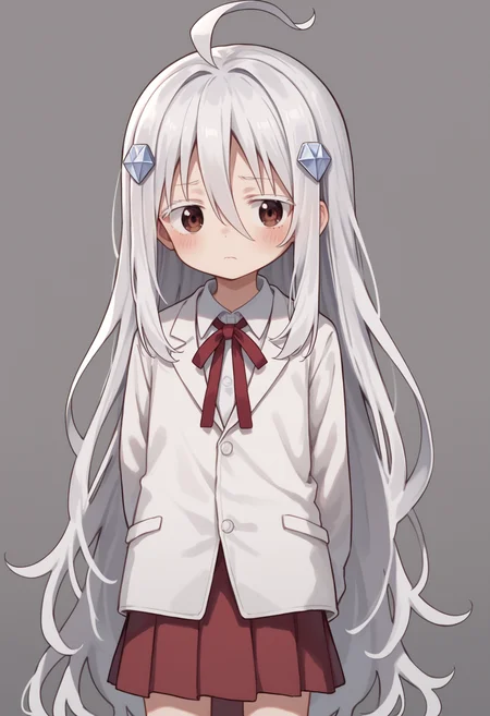 score_9, score_8_up, score_7_up, 
1girl, solo, HikariKongou, child, long hair, very long hair, white hair, hair ornament, white eyelashes, hair between eyes, ahoge, brown eyes,  <lora:HIKARI-17:0.6 >
school uniform, oversized clothes, jacket, white jacket, closed jacket, shirt, collared shirt, white shirt, long sleeves, red neck ribbon, red skirt, plead skirt,
looking at viewer,  arm behind back, looking away, blush, sad, closed mouth