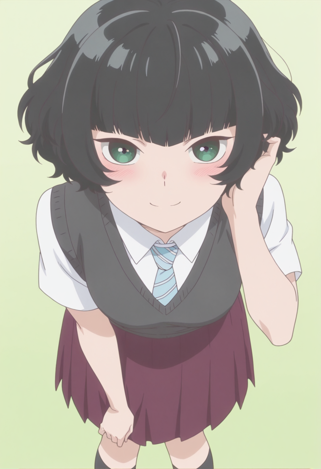 anime screencap, anime coloring,   <lora:DX888Hitoha:1> hongou hitoha, green eyes, black hair,short hair, blunt bangs, BREAK school uniform, white shirt, striped necktie, sweater vest, skirt, socks,  BREAK simple background,  green background, BREAK  1girl, blush, hand in own hair, leaning forward, looking at viewer, smile, solo,
