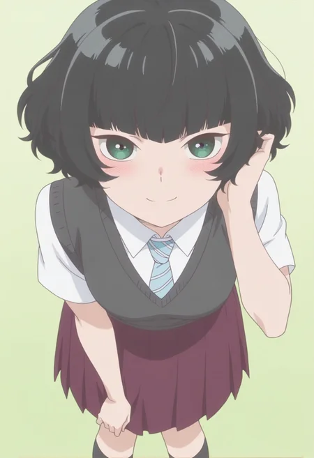 anime screencap, anime coloring, <lora:DX888Hitoha:1> hongou hitoha, green eyes, black hair,short hair, blunt bangs, BREAK school uniform, white shirt, striped necktie, sweater vest, skirt, socks, BREAK simple background, green background, BREAK 1girl, blush, hand in own hair, leaning forward, looking at viewer, smile, solo,