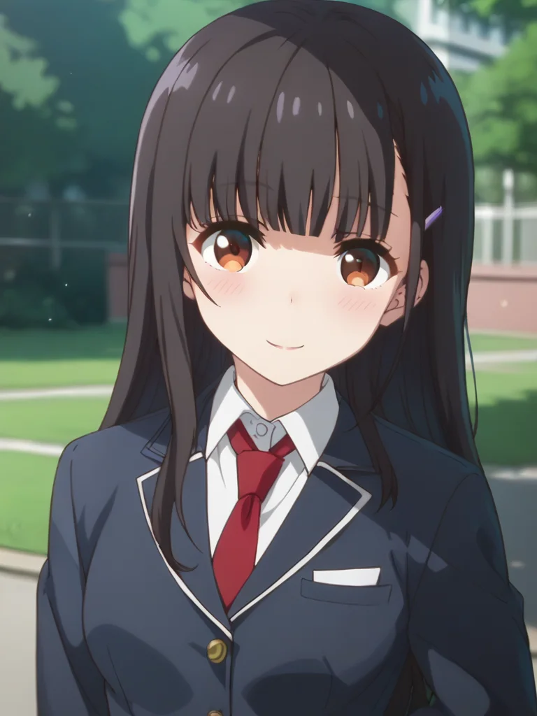 score_9,score_8_up,score_7_up,score_6_up BREAK official art,solo,outdoors,upper body,(portrait:1.5),looking at viewer,facing viewer,smile,blush,Yume Irido,long hair,black hair,hair ornament,hairclip,sidelocks,blunt bangs,brown eyes,school uniform,black jacket,blazer,wing collar,red necktie,collared shirt,white shirt,long sleeves,medium breasts,blue skirt,pleated skirt,brown pantyhose,loafers,<lora:Yume Irido(mtm)-Pony:1.8>,