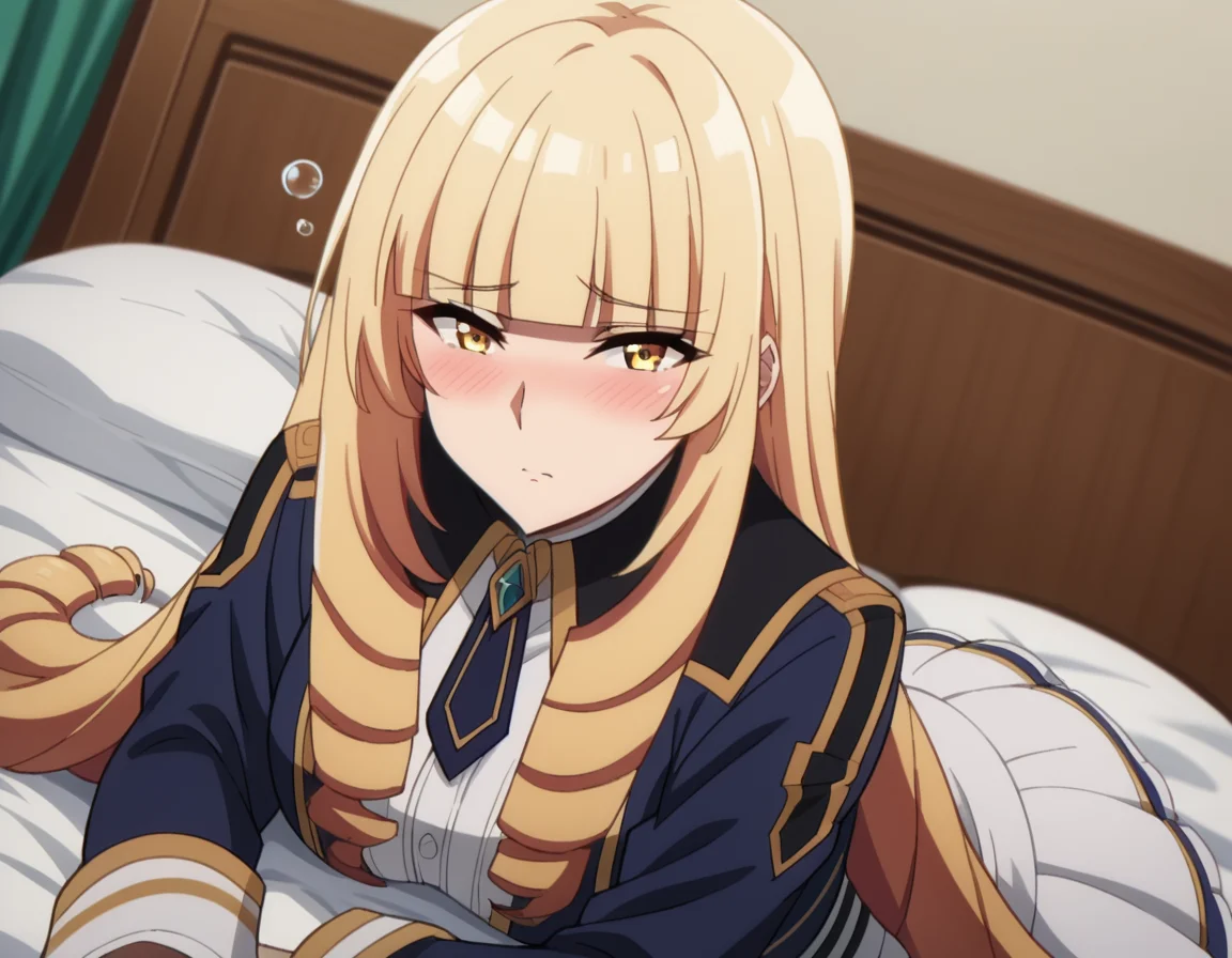score_9, score_8_up, score_7_up, source_anime,
orianarose, <lora:oriana-rose-ponyxl-lora-nochekaiser:1>,
oriana rose, long hair, blonde hair, yellow eyes, drill hair, bangs, blunt bangs, mature female,
skirt, jacket, necktie, white skirt, corset,
indoors, bed, bed room, on side, blush, drunk,
looking at viewer, dutch angle,