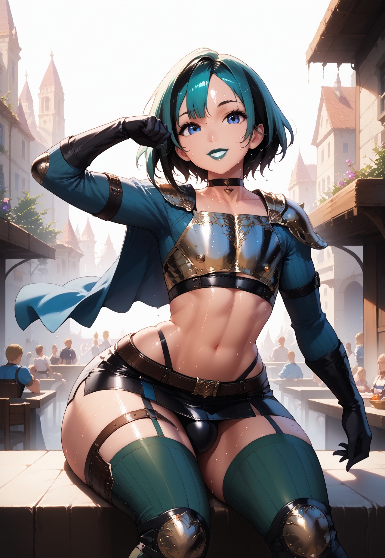 safe_pos, score_9_up, score_8_up, score_7_up, <lora:add-detail-xl:-1>, ultra detailed, source_anime, masterpiece, beautiful face, (femboy:1.5), gwentd, two-tone hair, blue eyes, lipstick, choker, crop top, long sleeves, midriff, skirt , lipstick, (sweating:1.5), choker, leather armor, black armor, masterpiece, (flat chest), (black chestplate:1.5), (smiling), cute, (strapped knee guard:1.5), midriff, choker, leather arm guards, (blue miniskirt), shoulder armor, beautiful face, masterpiece, long sleeves, thigh highs, (wide hips, curvy body), black long gloves, choker, big ass, (dark green legwear, ribbed legwear) thigh socks, (exotic boots), waist belt, tactical belt, sweaty, sexy, white background, portrait, (random pose:1.5)