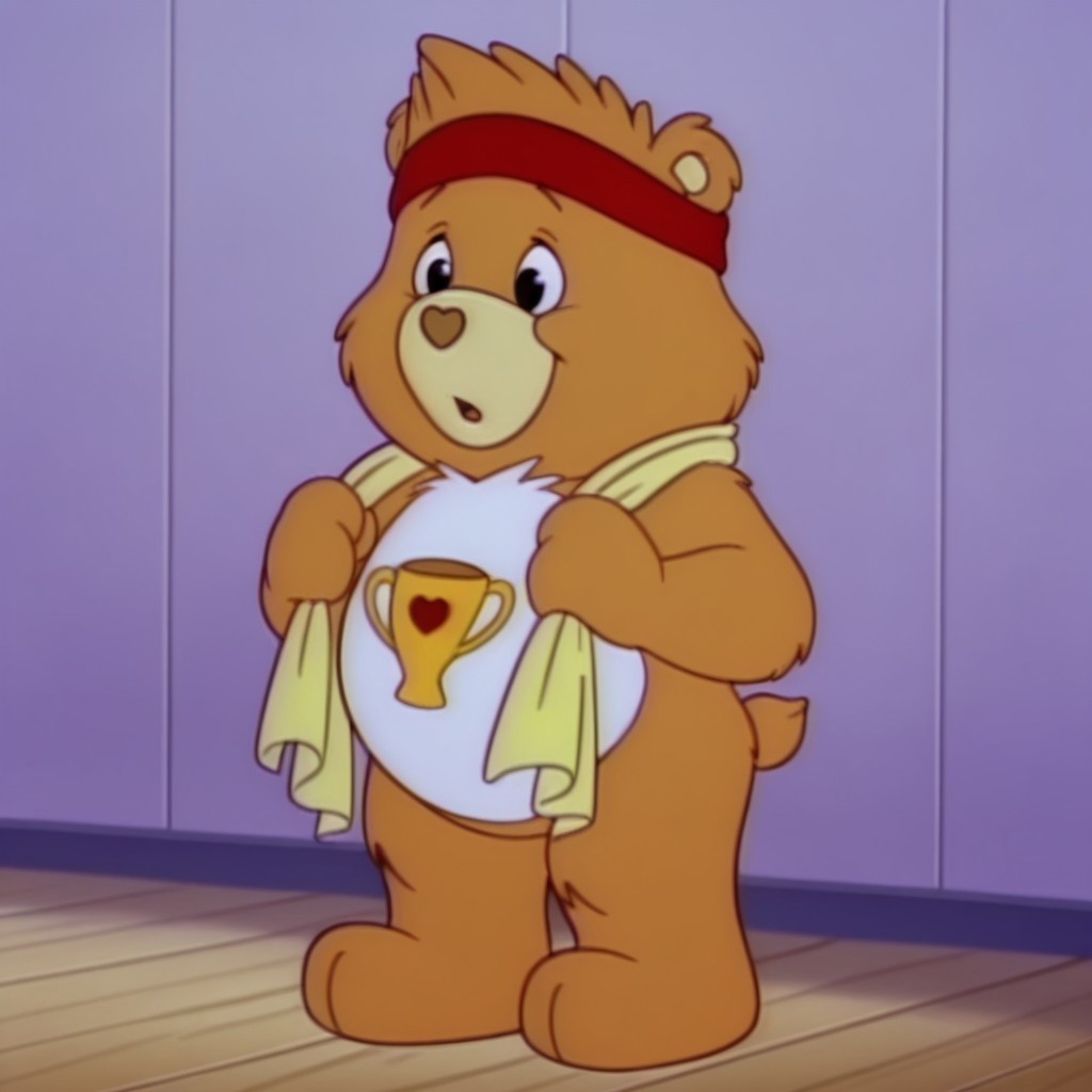 ,masterpiece, best quality, amazing quality,  champbearil, semi-anthro, male, bear_boy, yellow-orange fur, black eyes, tummy symbol, full body, solo, red headband, yellow towel around shoulders, gym