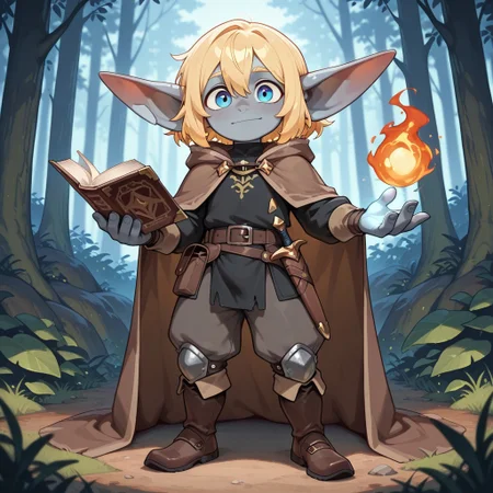 masterpiece, best quality, amazing quality, very aesthetic, solo, full body,
goblin, short stature, shortstack, long pointed ears, big eyes,
1boy, male focus, blond hair, short hair, blue eyes, gray skin, black top, brown cape,
(looking at viewer:1.2), posing,
forest, Holding a book, fireball in his hand, dynamic pose,
