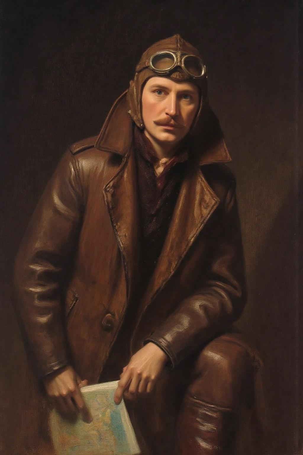 frankowensalisbury1 painting.
A WW1 pilot with a mustache, dressed in a leather jacket and wearing aviator goggles. He is posing with a raised knee, with an arm resting on his knee. He is holding a map. The background is dark and textured. <lora:frankowensalisbury1_cap_d8a4:1.0><lora:863247652492463912:0>