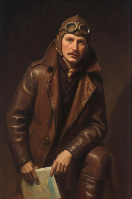 frankowensalisbury1 painting.
A WW1 pilot with a mustache, dressed in a leather jacket and wearing aviator goggles. He is posing with a raised knee, with an arm resting on his knee. He is holding a map. The background is dark and textured. <lora:frankowensalisbury1_cap_d8a4:1.0><lora:863247652492463912:0>