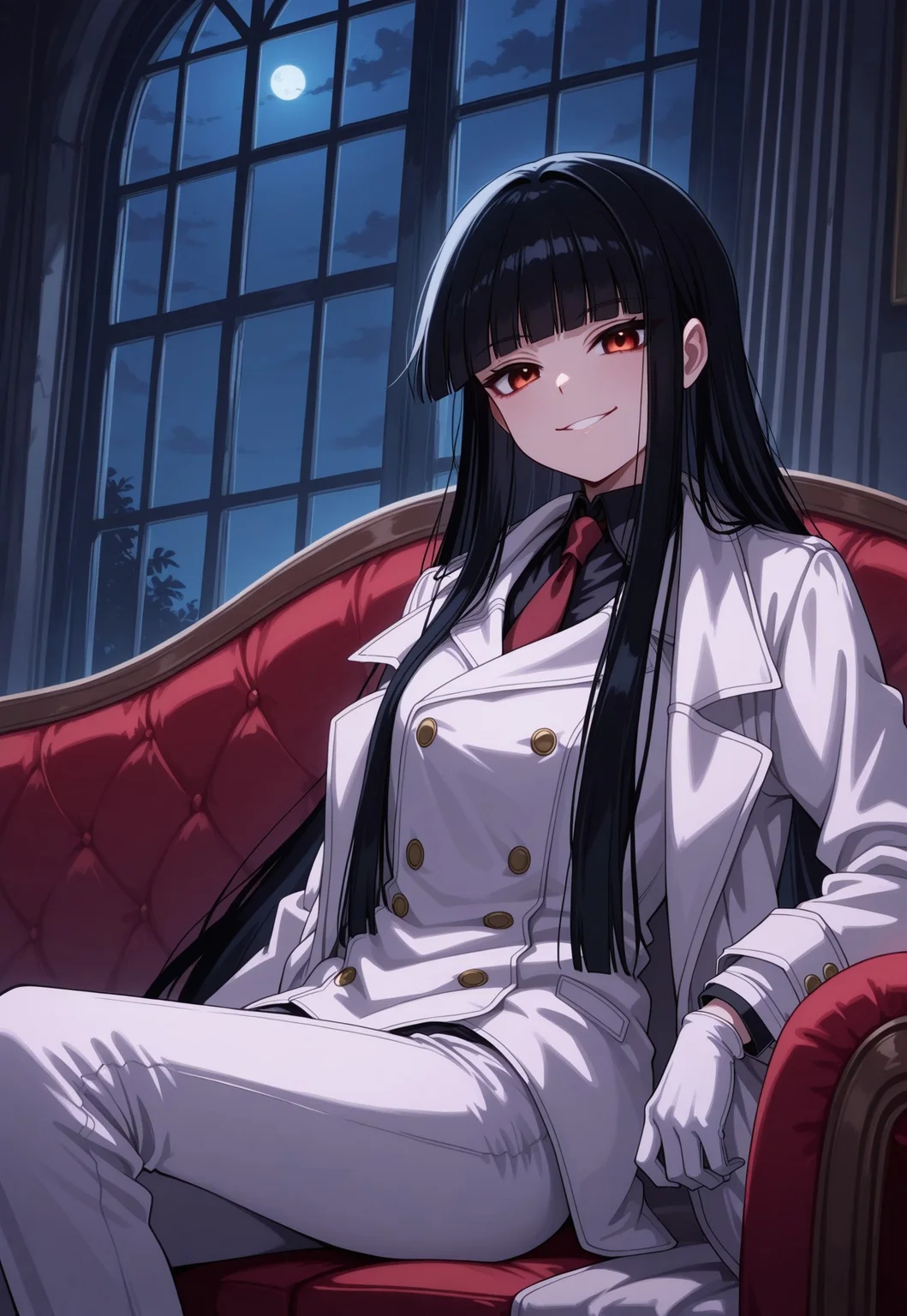 safe_pos, score_9, score_8_up, score_7_up, masterpiece, best quality, Girlycard, solo, 1girl, female focus, black hair, long hair, hime cut, blunt bangs, red eyes, white jacket, black shirt, red necktie, white coat, white scarf, white gloves, white pants, cowboy shot, evil grin, sitting, on couch, manor, night, inside, perspective 