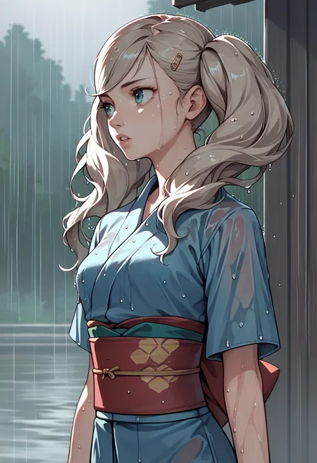 score_9, score_8_up, score_7_up, source_anime, 1girl, solo, parted lips, looking away, <lora:AnnP5-pdxl:1.0> rndAnn, twintails, hairclip, blue kimono, obi, medium breasts, wet, outdoors, rain