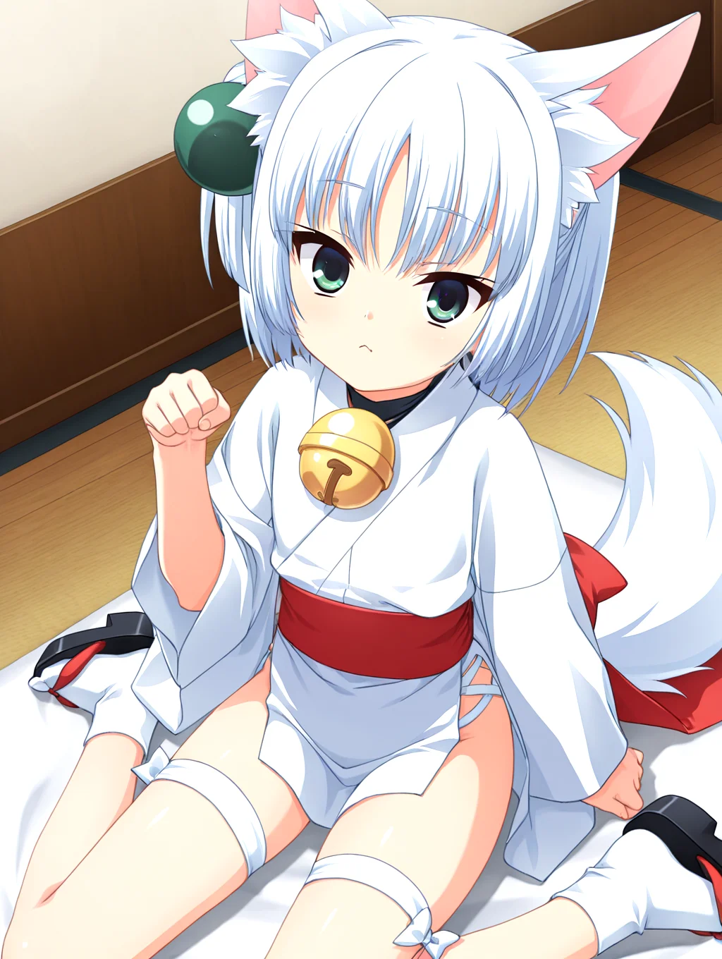 masterpiece,best quality,newest,absurdres,highres,detailed eyes,beautiful,detailed background,perfect eyes,anime coloring,anime screencap,
<lora:add-detail-xl:1>,<lora:ponyv4_noob1_2_adamW-000017:0.8>,wear clothes,
1girl,solo,
looking at viewer,
<lora:æãç«+å°å¤:1>,chibi cat girl,(other paw hugging oval-coin),one paw pose,sitting on cushion,
<lora:il-ruri-tenshin-rurikami:1>,il-ruri-tenshin,1girl,rurikami outfit,solo,silver hair,japanese clothes,feather tied on green_spherical is hair ornament,miko,short hair,animal ears,green eyes,white wrap-style japanese clothes with visible skin,black neck bell,red colth with back bow around waist,large bell tied on cloth end,waist bowtie removed,oversized white kimono sleeves,exposed thighs,white thigh strap one side,short white fudonshi,fluffy tail,black sole geta with white socks,
