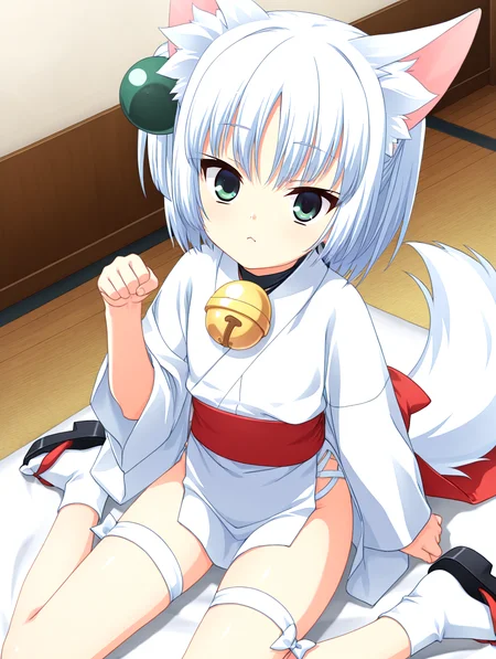 masterpiece,best quality,newest,absurdres,highres,detailed eyes,beautiful,detailed background,perfect eyes,anime coloring,anime screencap,
<lora:add-detail-xl:1>,<lora:ponyv4_noob1_2_adamW-000017:0.8>,wear clothes,
1girl,solo,
looking at viewer,
<lora:æãç«+å°å¤:1>,chibi cat girl,(other paw hugging oval-coin),one paw pose,sitting on cushion,
<lora:il-ruri-tenshin-rurikami:1>,il-ruri-tenshin,1girl,rurikami outfit,solo,silver hair,japanese clothes,feather tied on green_spherical is hair ornament,miko,short hair,animal ears,green eyes,white wrap-style japanese clothes with visible skin,black neck bell,red colth with back bow around waist,large bell tied on cloth end,waist bowtie removed,oversized white kimono sleeves,exposed thighs,white thigh strap one side,short white fudonshi,fluffy tail,black sole geta with white socks,