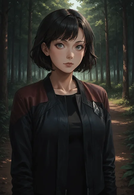 core_9, score_8_up, score_7_up ,score_6_up, 1girl,scenery,black hair,asian,short hair,bangs,forest,
pcdjck,Star trek jacket,red shoulders,black shirt,collarbone
,<lora:PicardJacketPony>