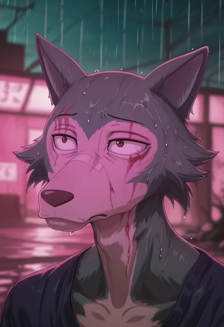 masterpiece, best quality, amazing quality,
Legoshi, anthro, wolf, beastars, scar on right brow, mature male, animal ears, grayish blue fur, brown eyes, skinny build,
(messy fur:0.8), wet, bruise, scratches, injury, portrait, bandaid on nose, upper eyelid half closed, sad,
blurry background, pink lighting, night, dark, pink theme, blood on face, rain,